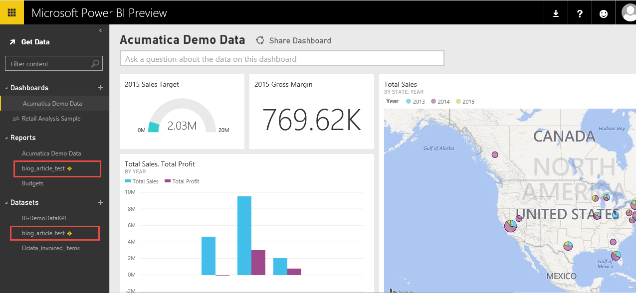 Pantalla de vista previa de Power BI