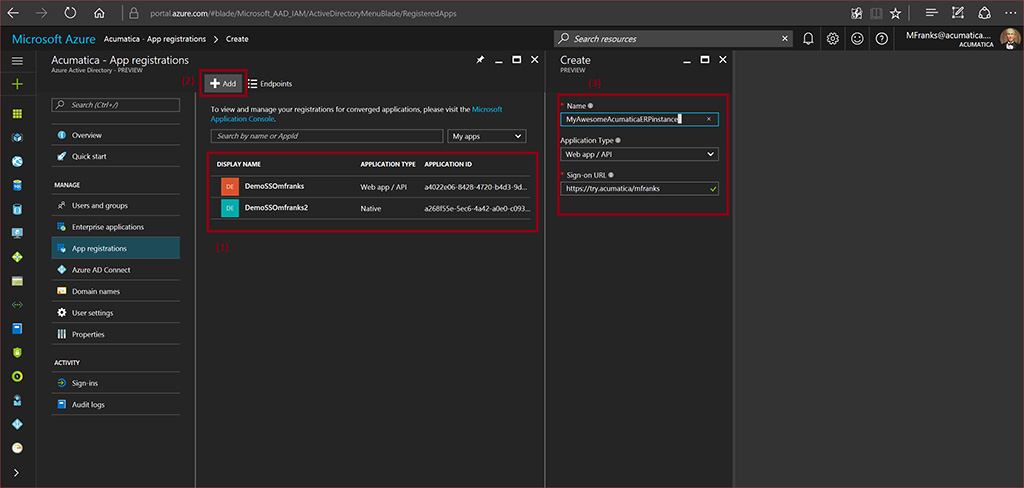 Microsoft Azure - Acumatica - Panel de registro de aplicaciones.