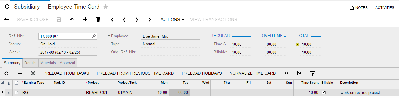 Inicie sesión como Jane Doe (doe/123) e introduzca una tarjeta de tiempo vinculada al proyecto