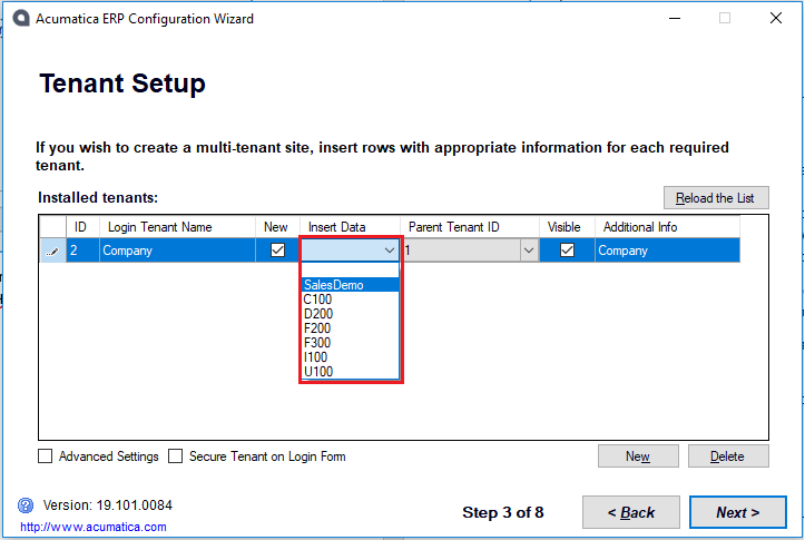 Asistente de configuración de Acumatica ERP - Configuración del arrendatario.