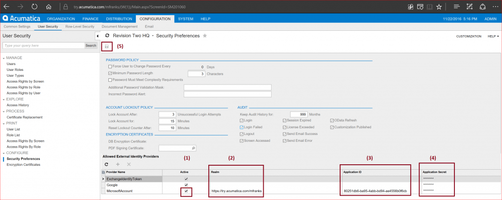 Proceso de habilitación de Live ID de Acumatica Cloud ERP SSO.