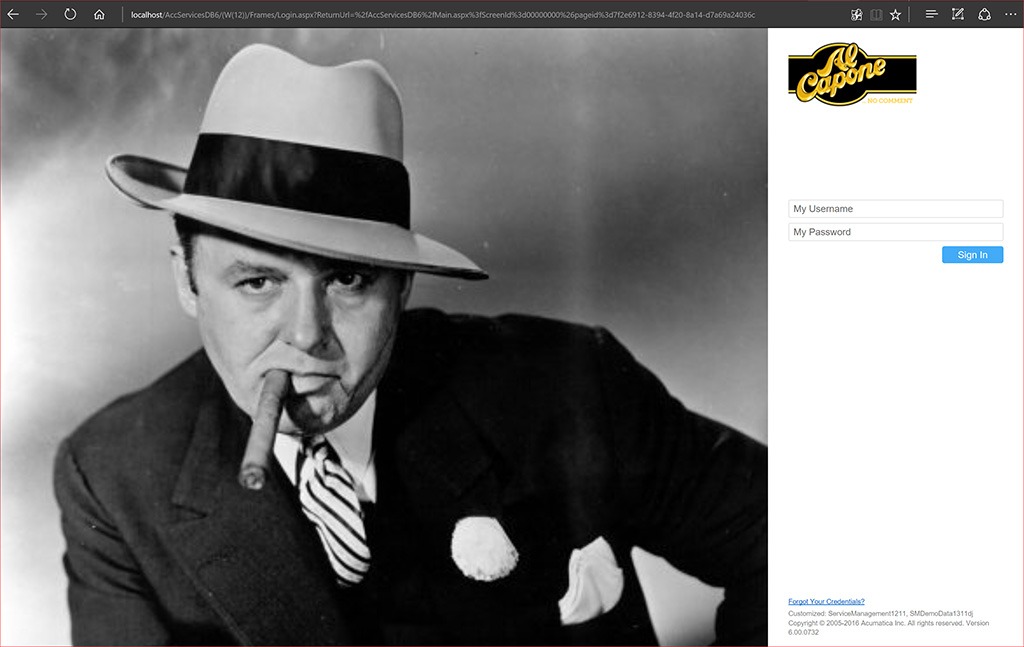 Sustitución de las imágenes de Acumatica por las de Al Capone, resultado de la renderización de la página de inicio de sesión.