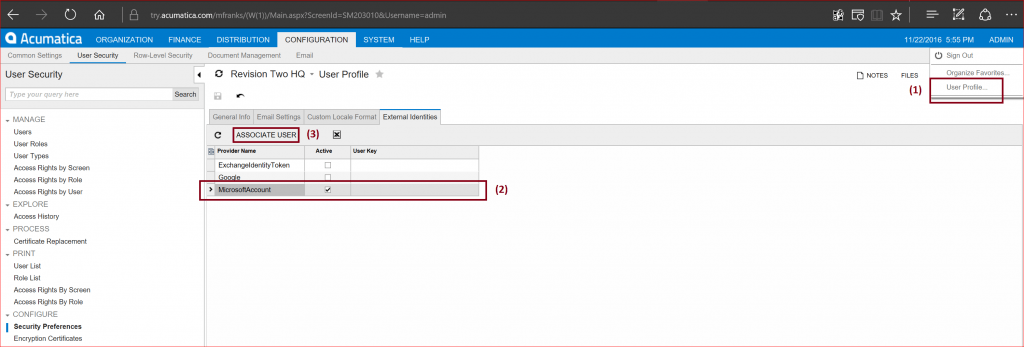 Acumatica Dashboard - Configuración de SSO para cuentas Live ID.