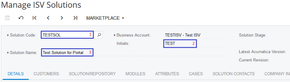 Sección de soluciones ISV con código y nombre de la solución.