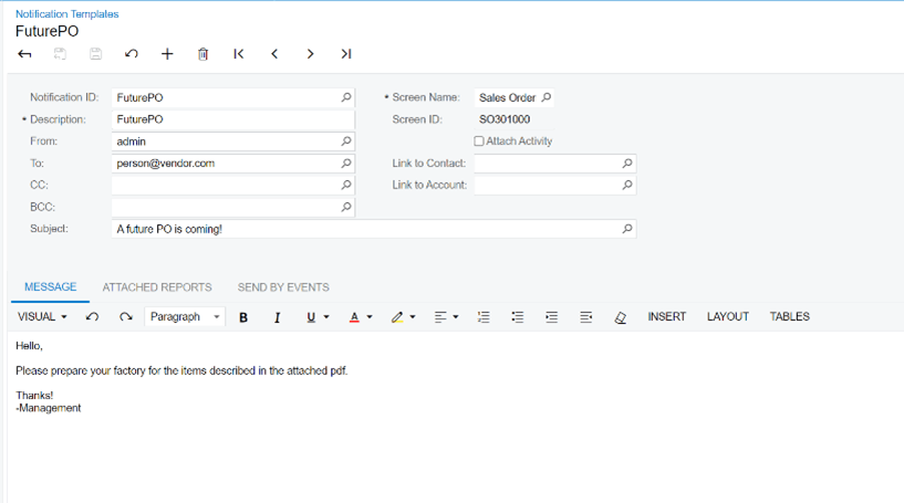 Creación de un nuevo aviso en Acumatica