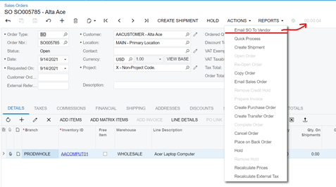 Creación de un nuevo aviso en Acumatica