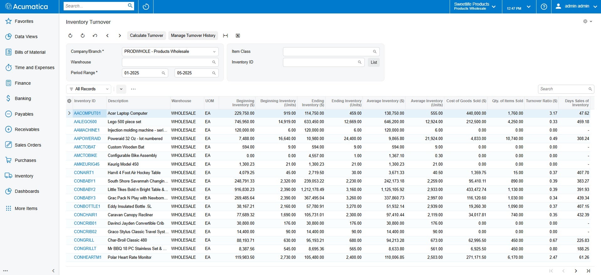 Captura de pantalla del producto Acumatica para mostrar las capacidades de gestión de inventario de Acumatica en comparación con QuickBooks