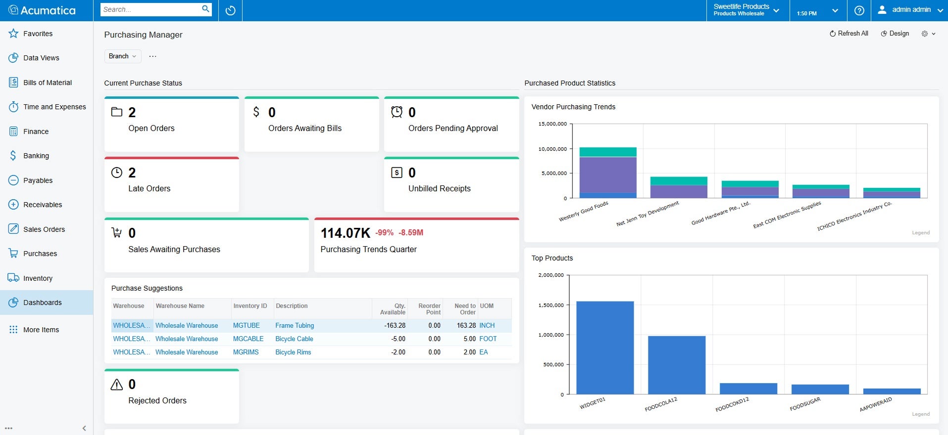 Adquisiciones Captura de pantalla del producto Acumatica para mostrar la adquisición de Acumatica en comparación con QuickBooks