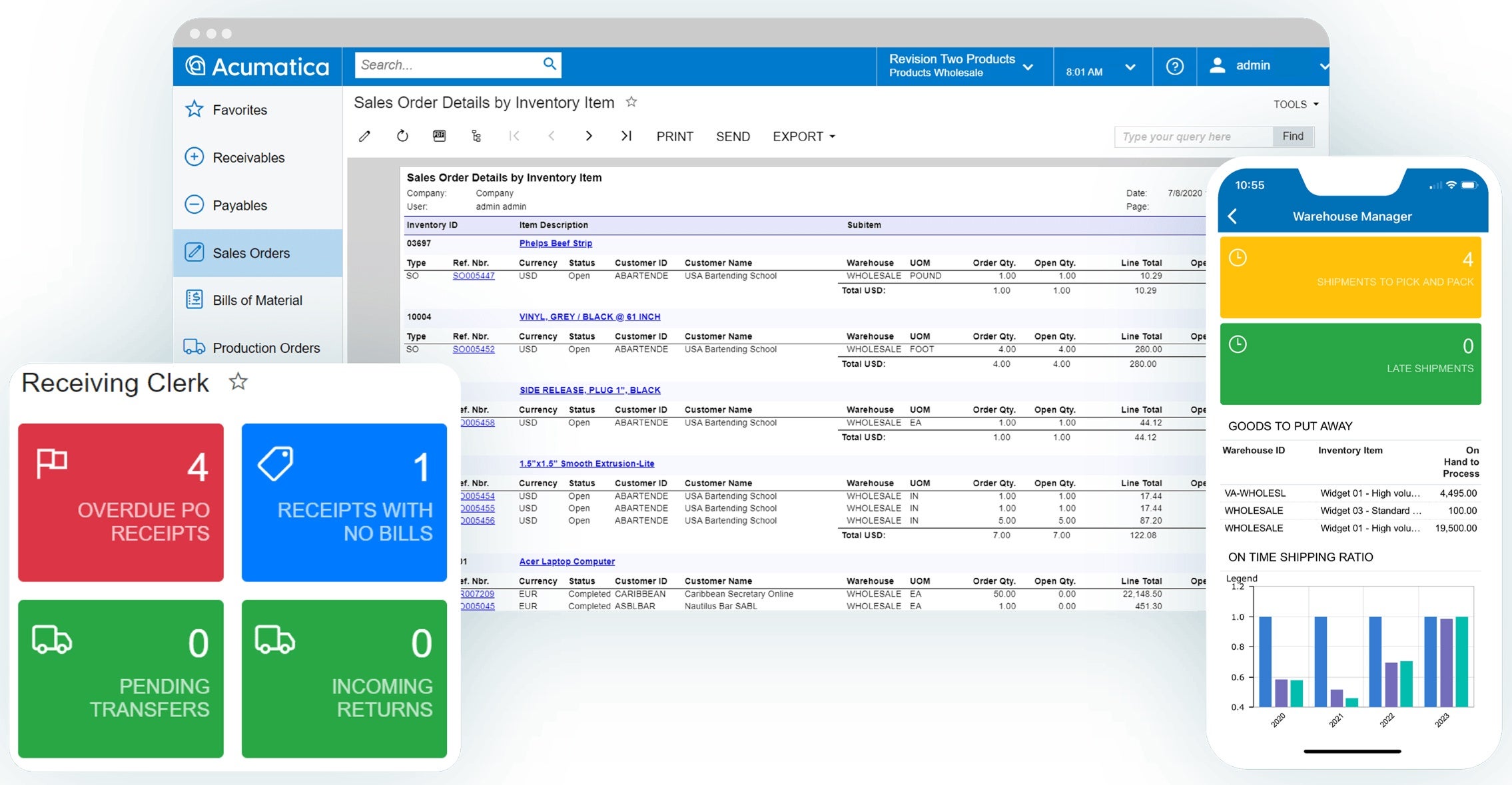 Captura de pantalla del producto Acumatica para mostrar los informes en tiempo real de Acumatica en comparación con QuickBooks
