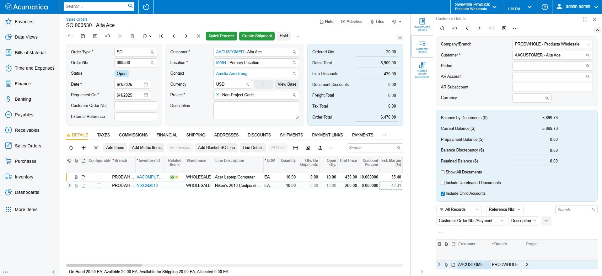 Gestión de ventas Captura de pantalla del producto Acumatica para mostrar las capacidades de gestión de ventas de Acumatica en comparación con QuickBooks