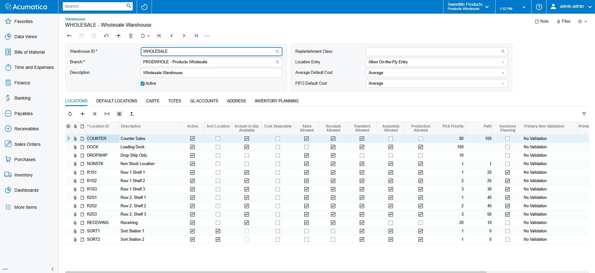 Gestión de almacenes Captura de pantalla del producto Acumatica para mostrar las capacidades de gestión de almacenes de Acumatica en comparación con QuickBooks