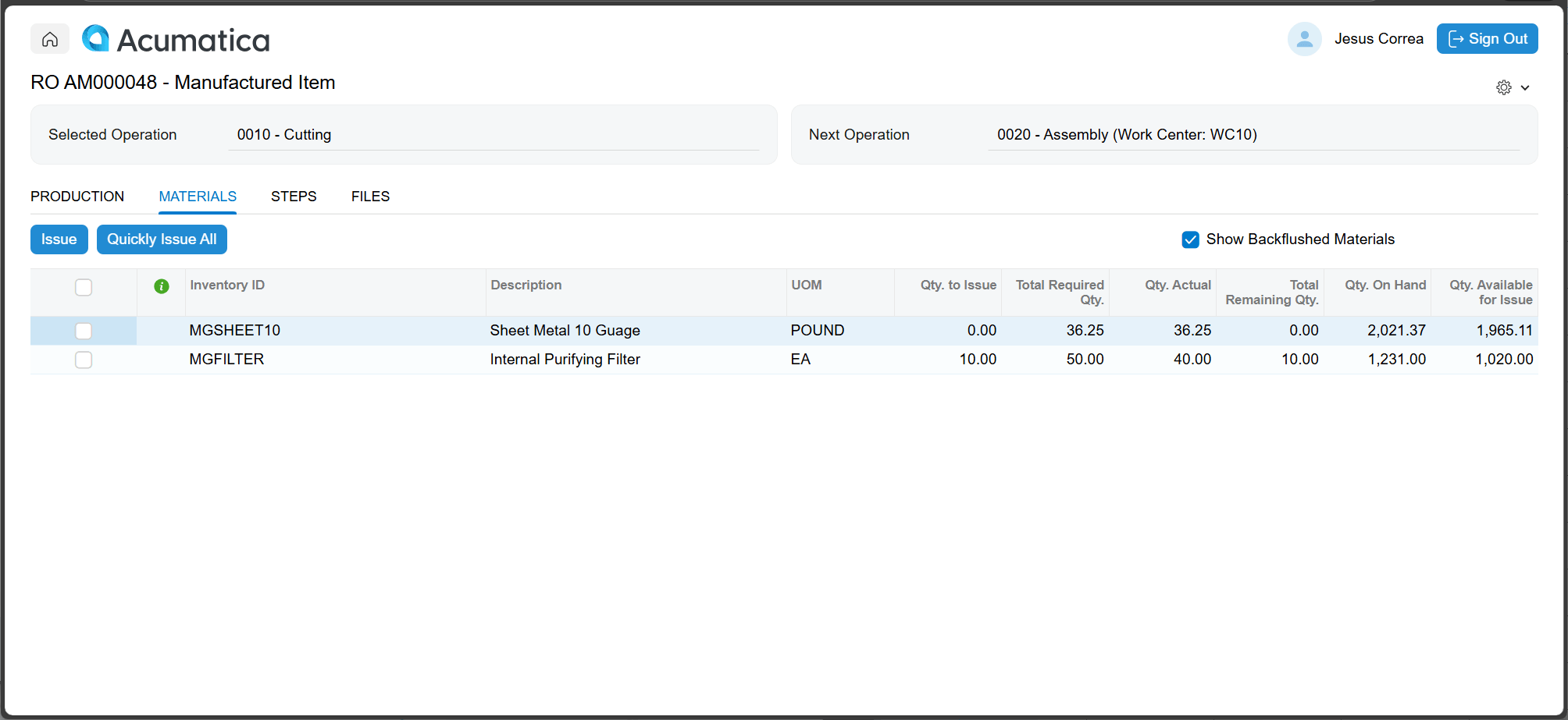 Captura de pantalla de las transacciones de material en el quiosco de planta
