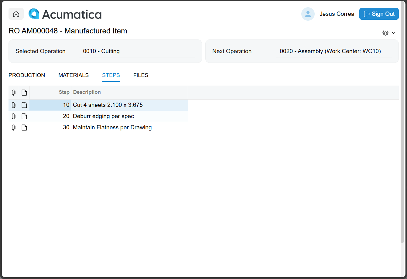 Captura de pantalla con la información y las instrucciones del trabajo en el quiosco de la planta de producción